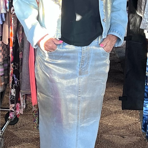 Set of Metallic Gold Denim Jeans Skirt & Jacket, Large Light Blue - Picture 5 of 16